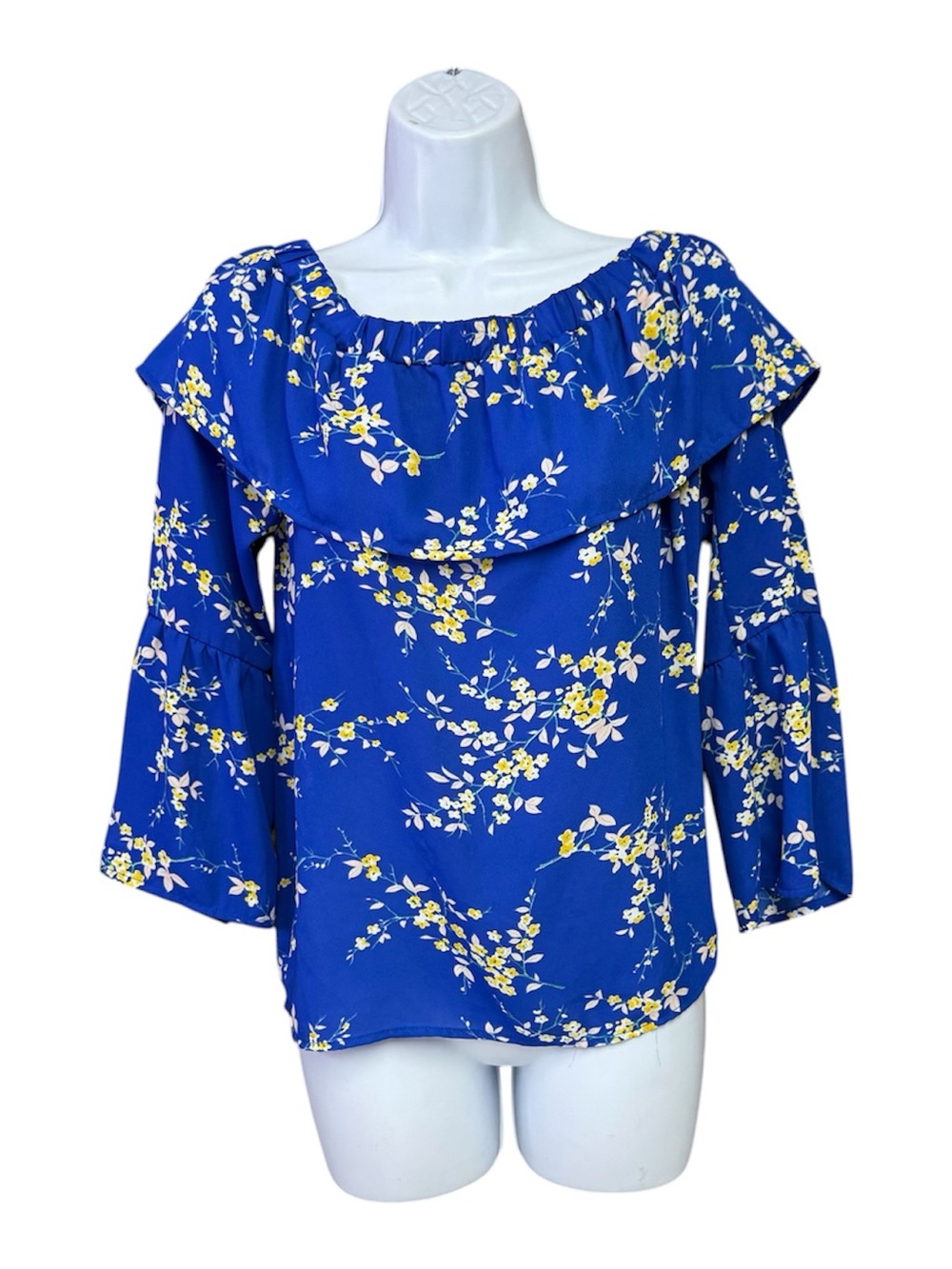 Sienna Sky size M Floral Off-Shoulder Ruffle Blouse in Royal Blue
